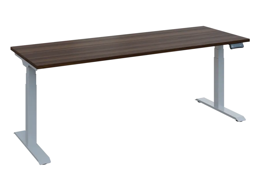 Fleximax 27-20 výškově nastavitelný stůl, kovová podnož stříbrná, deska 25 mm, široký 2000 mm, ořech královský